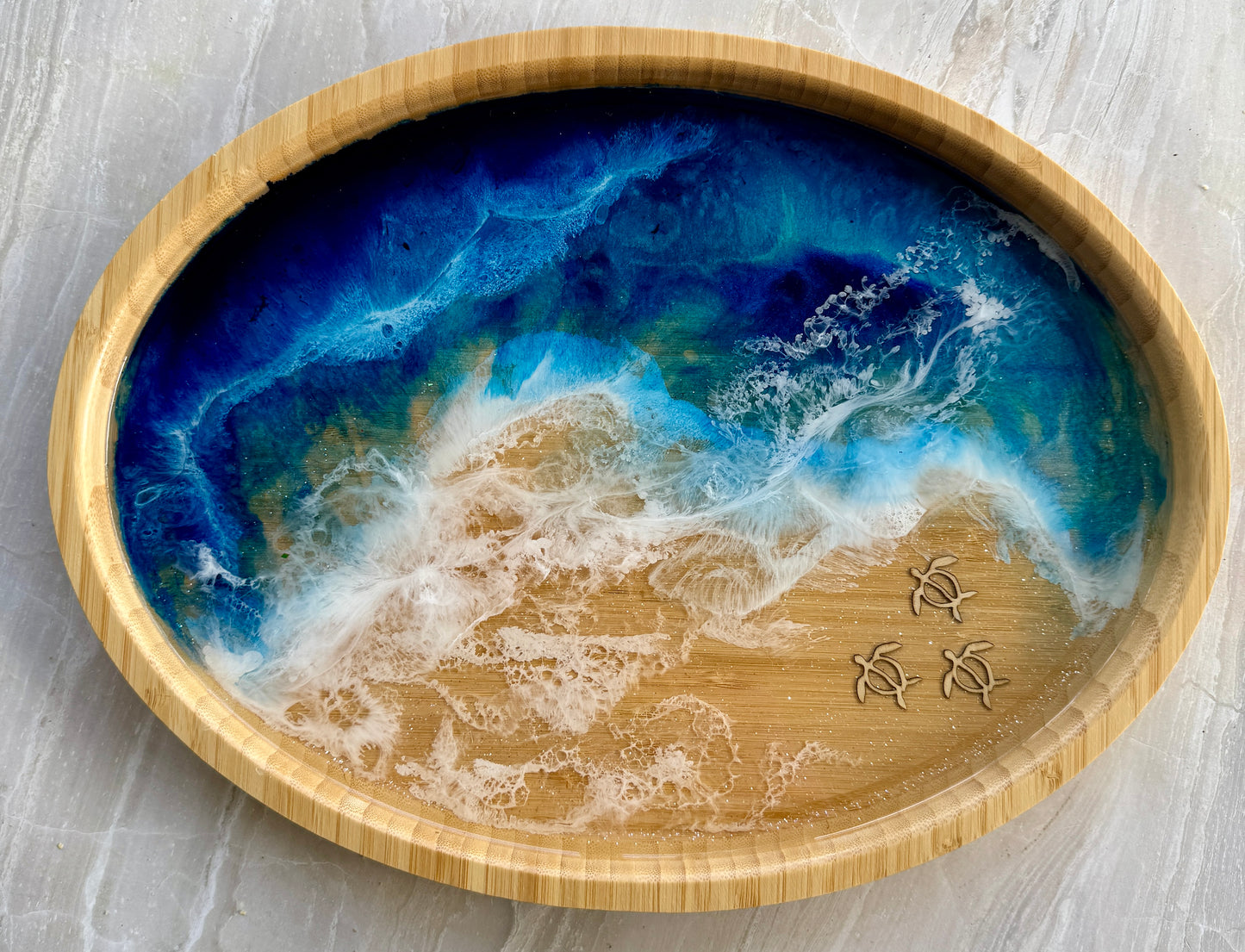 Ocean Themed Bamboo Tray with Three Honu (Turtles)