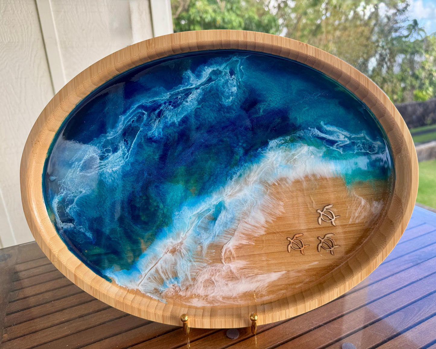 Ocean Themed Bamboo Tray with Three Honu (Turtles)