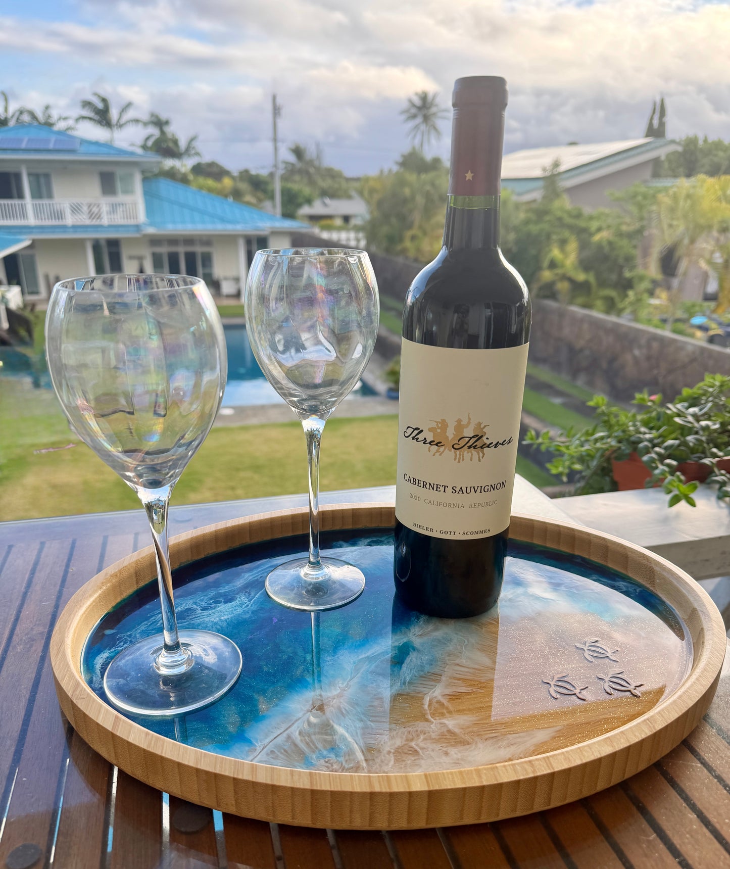 Ocean Themed Bamboo Tray with Three Honu (Turtles)
