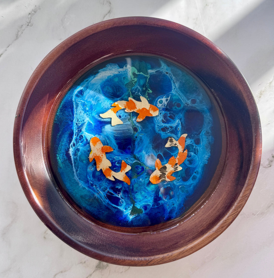 Super-cute Japanese Black Walnut 6" Hand Painted Koi Bowls