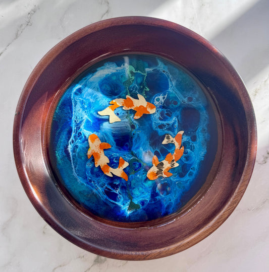 Super-cute Japanese Black Walnut 6" Hand Painted Koi Bowls