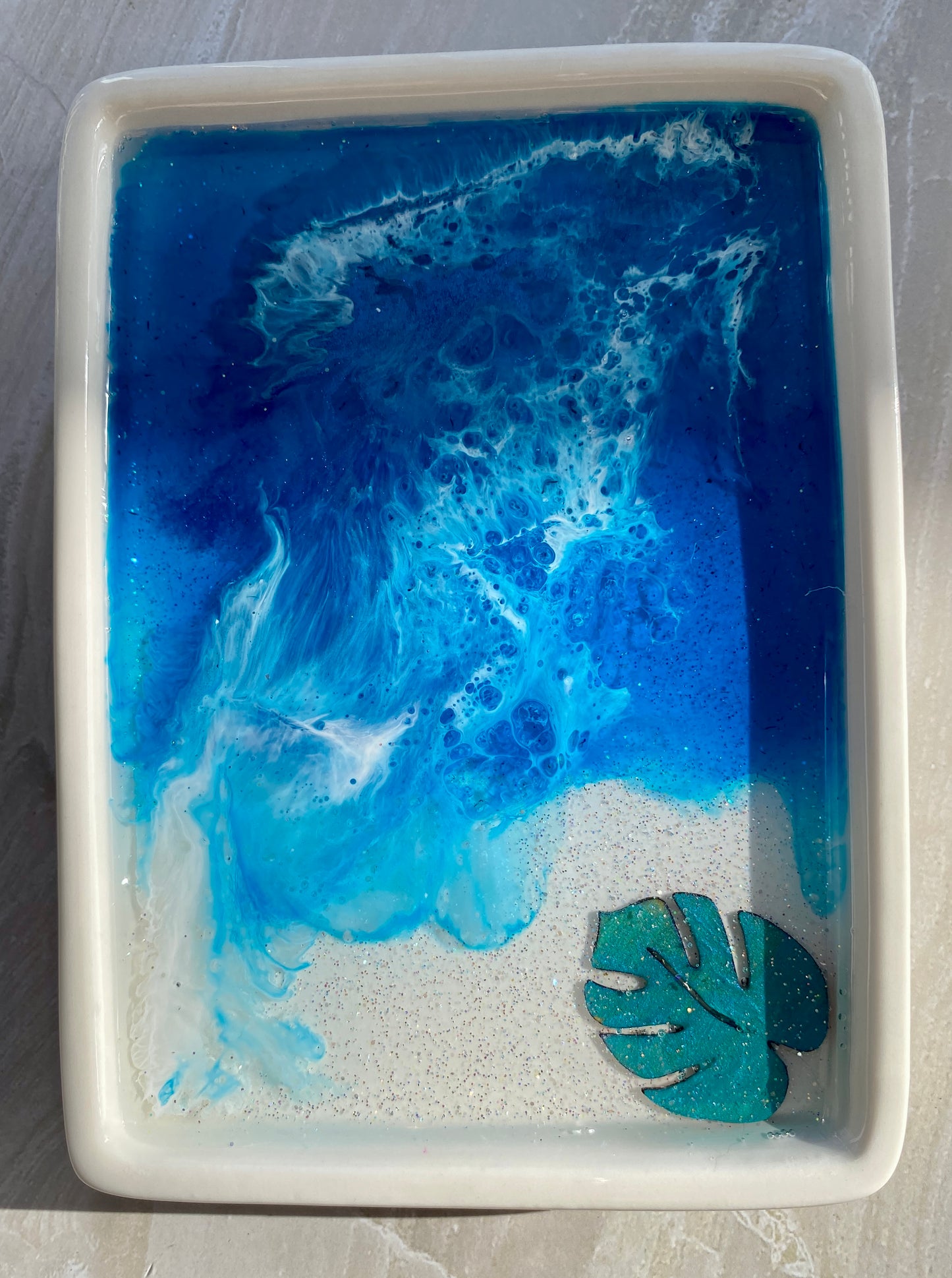 Monstera Leaf Soap Dish with Ocean Themed Resin