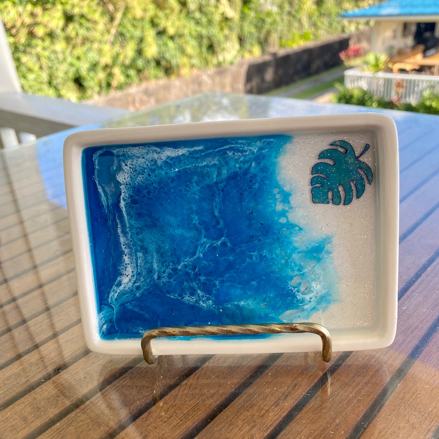 Monstera Leaf Soap Dish with Ocean Themed Resin