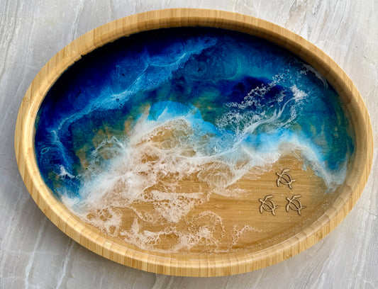Ocean Themed Bamboo Tray with Three Honu (Turtles)
