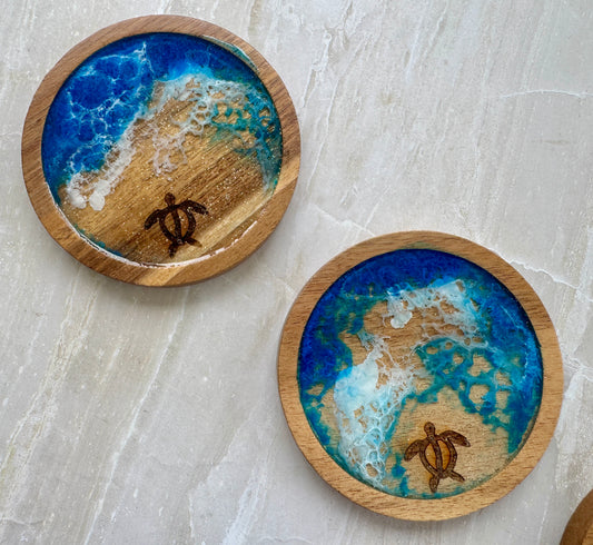 Rustic Honu (Sea Turtle) Monkey Pod Coaster Set