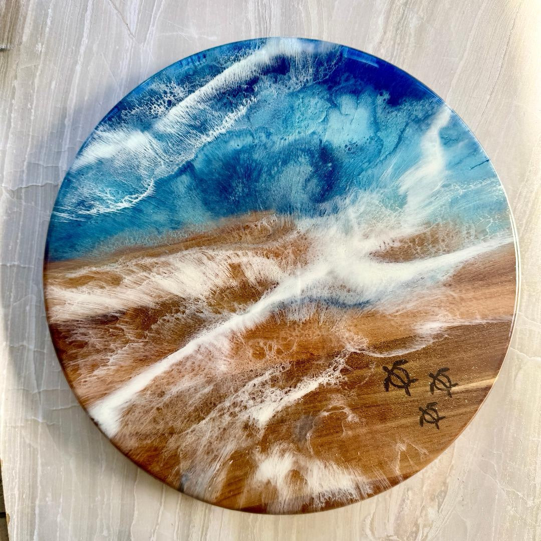 14" Monkey Pod Ocean Themed Lazy Susan