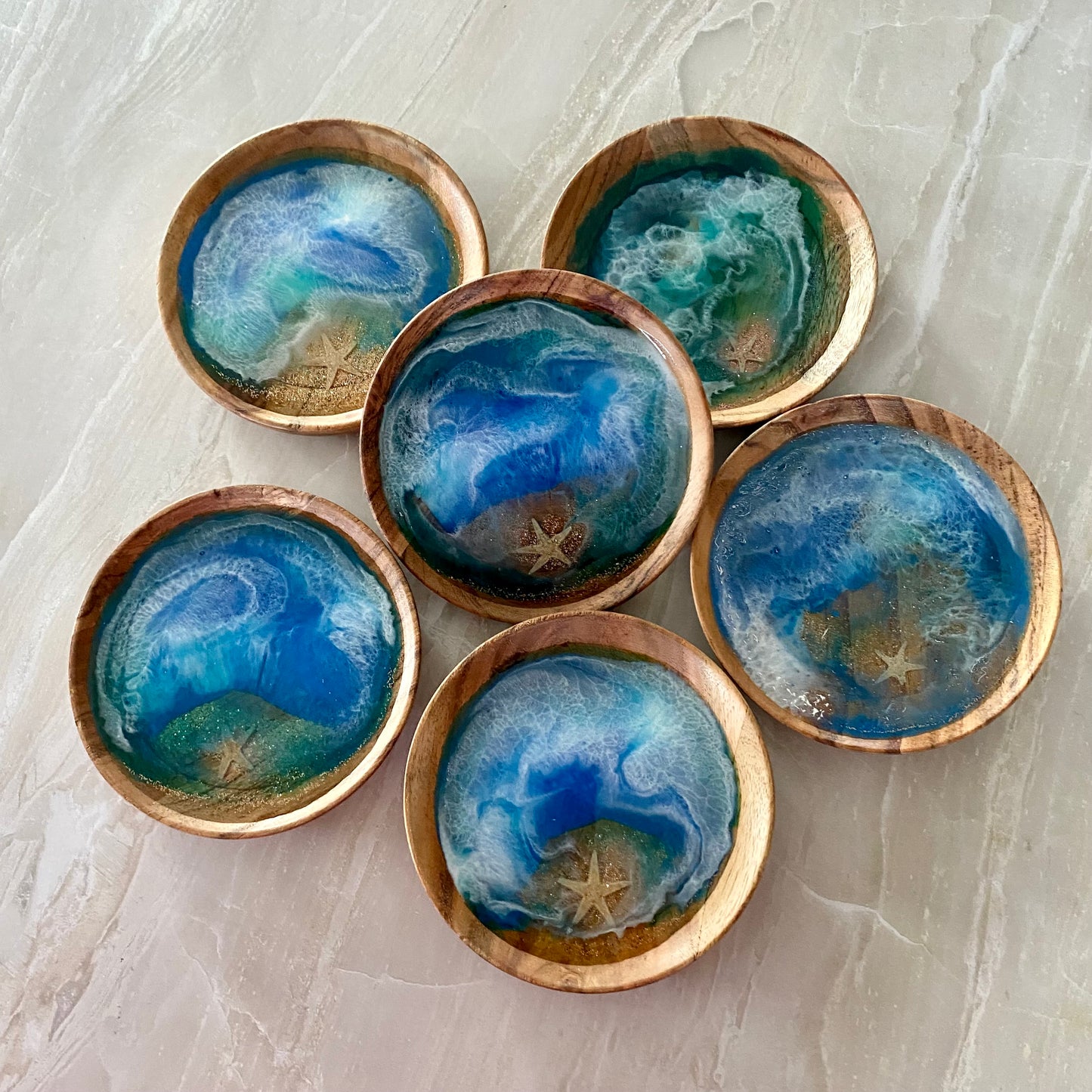 Ocean Themed Monkey Pod & Resin Starfish Coasters