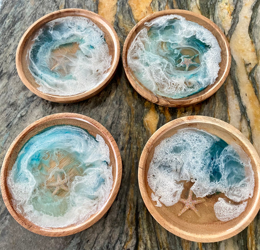 Ocean Themed Monkey Pod & Resin Starfish Coasters